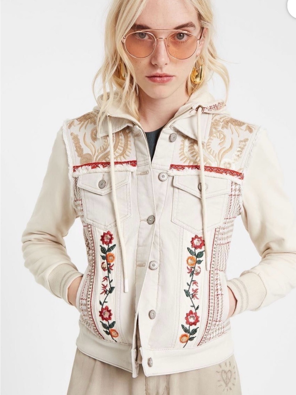 NWOT Desigual Erica Jacket Embroidered Hooded Denim